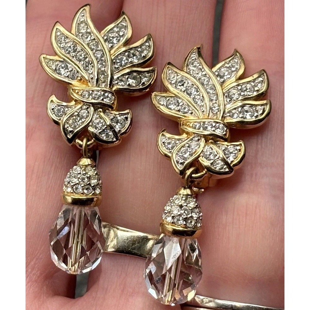 Vintage Crystal Rhinestone Leaf Drop Clip-On Gold Plated Earrings 90s Y2K